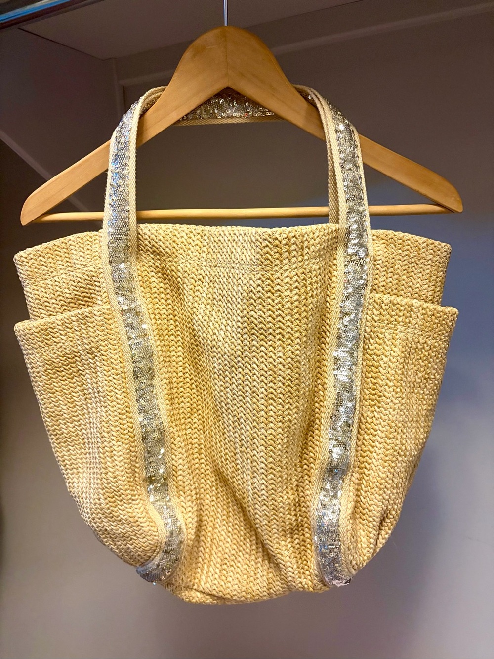 GAP Woven Tote w/Silver Sequin-Trim Handles